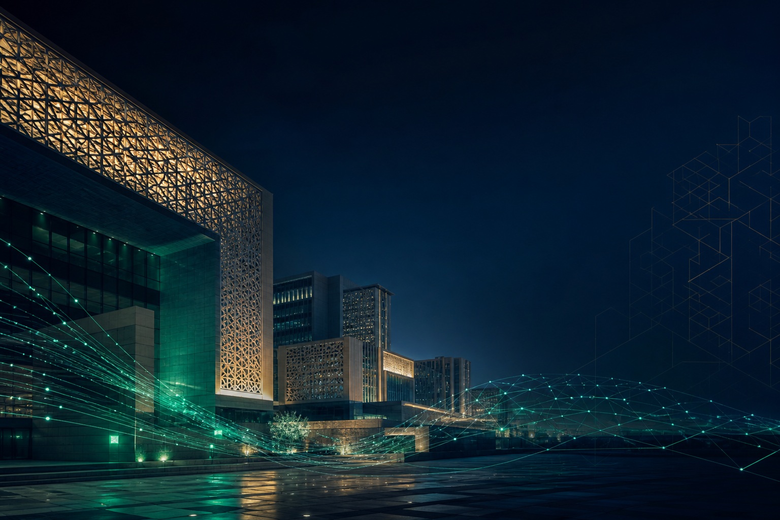 Contemporary Saudi-inspired architecture with abstract artificial intelligence data streams